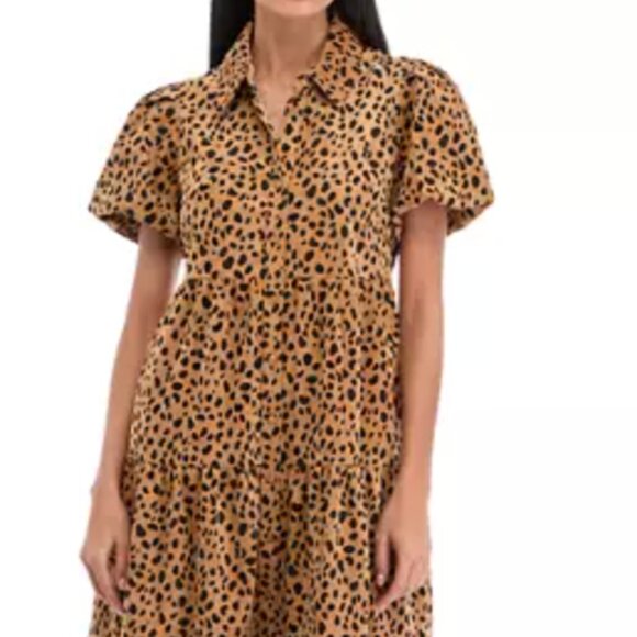 ✨ Crown & Ivy™ Puff Sleeve Leopard Printed Midi Shirtdress – Like New, Size L - Picture 1 of 4